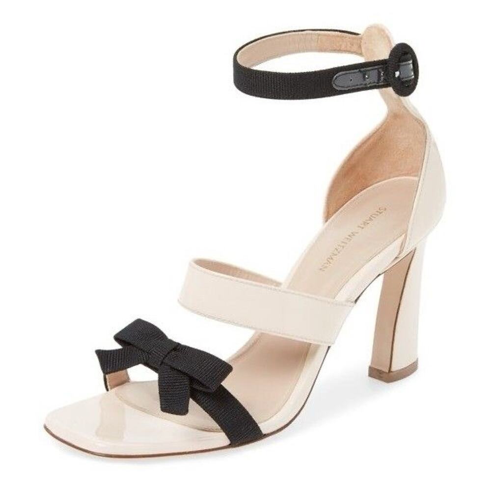 NEW STUART WEITZMAN Ally Patent Leather Beige Black Bow Sandals Size 7